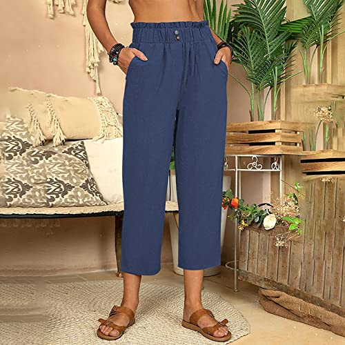 Elastic High Waisted Capris for Women Casual Loose Comfy Summer Cotton Linen Pants Wide Leg Cropped Trousers2