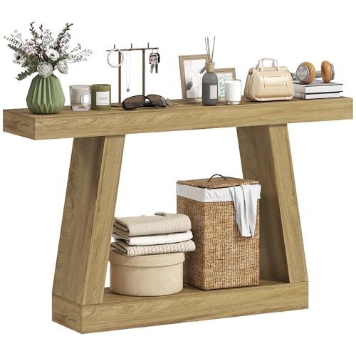 HOMCOM Console d'entrée rustique avec plateau épais, table console à 2 niveaux avec espace de rangement en bois, table basse d'entrée pour couloir, entrée, salon, 140 x 30 x 83 cm, chêne