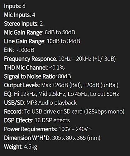 Studiomaster CLUBXS8 specifications list