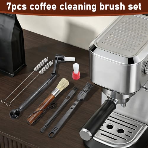 7PCS Coffee Grinder Cleaning Brush Set, Espresso Machine Cleaning Kit with Walnut Wood, Multifunctional Bristle Tools for Barista for Home Kitchen Commercial Use