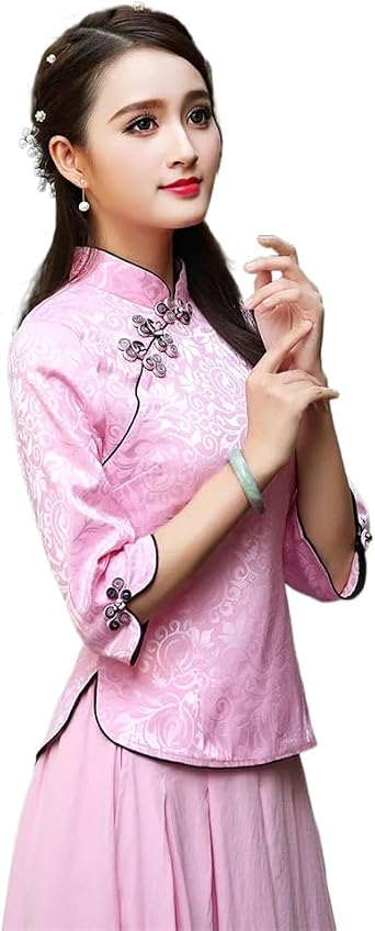 LIXINGHEITANG Blouse Satin Women Oriental Tops Retro Collar Coat Print Shirt Traditional Chinese Clothing