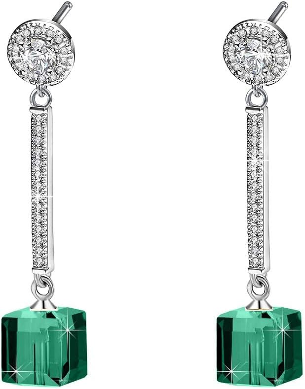 Cube Austrian Crystal Drop Long Dangle Earrings for Women 925 Sterling Silver Post Hypoallergenic Jewelry