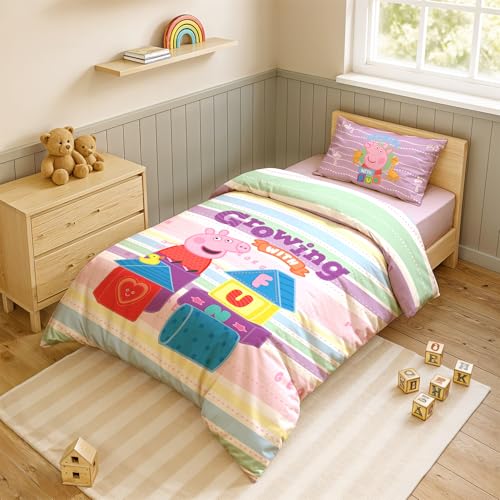 Image of Sassoon Peppa Pig (Fun) Digital Printed, Cotton Single Bedsheet, 300 TC, 1 Pillow Cover, Fade Resistant, Bedsheet for Kid's Bedroom, (1.50m X 2.35m)