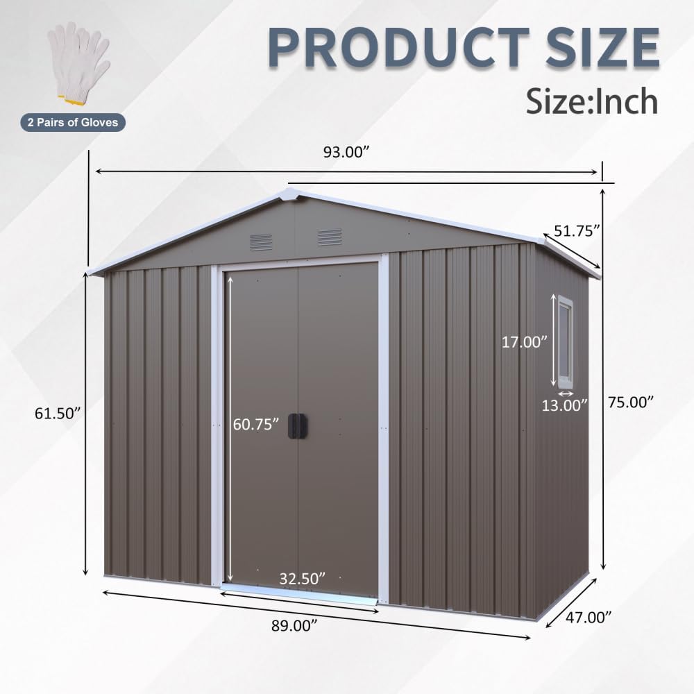 Outdoor Metal Storage Shed 8ft x 4ft with Window, Metal Foundation Frame, Punching Vents, Sliding Door, and Lock - Gray