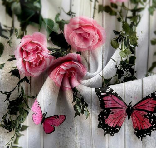 Image of Digital Printed Curtain with Pink Rose and Butterfly Design, 7 Feet, Grommet Top, White (2, Pink Butterfly, 7 Feet)