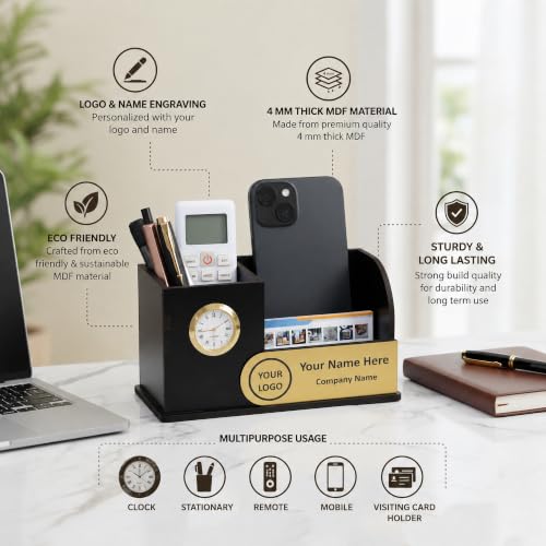 Image of Deskart Personalized Wooden Desk Organizer with Clock & Name Plate | Premium MDF Pen Stand, Mobile Holder, Visiting Card Holder & Office Table Organizer for Home and Office Desk