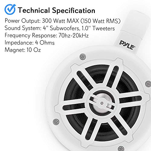 Image of Pyle Waterproof Marine Wakeboard Tower Speakers - 4 Inch Dual Subwoofer Speaker Set with 300 Max Power Output - Boat Audio System Kit w / Titanium Dome Tweeters & Mounting Clamps PLMRWB45W (White)