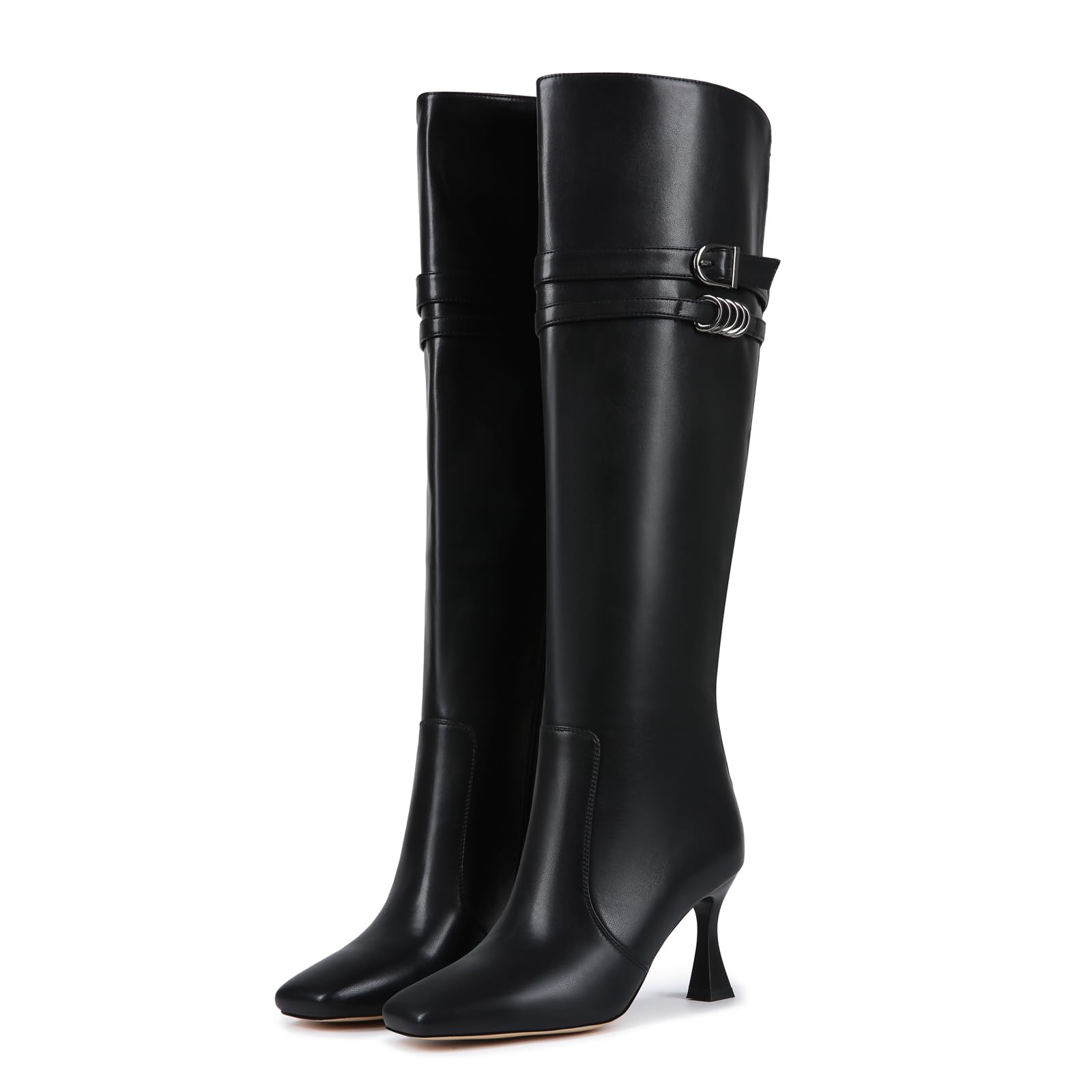 Womens Wide Calf Knee-High Boots With Small Square Toe Skinny Heel Side Zipper And Belt Buckle Design Party