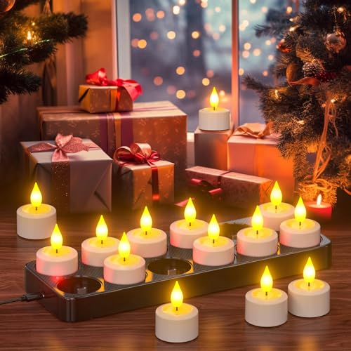 SoulBay Flameless Candles with Remote Control Timer & Charging Base, 12pcs USB Rechargeable Battery LED Tea Lights Candles Small Votive for Lantern Pool Mantle Weddings Emergency Christmas Decorative