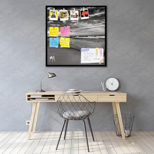 Image of ArtzFolio Sea, Air, & Land Monochrome Contrast | Bulletin Board Notice Pin Board | Vision Soft Board Combo with Thumb Push Pins & Sticky Notes | Black Frame | 16 x 16 inch (41 x 41 cms)