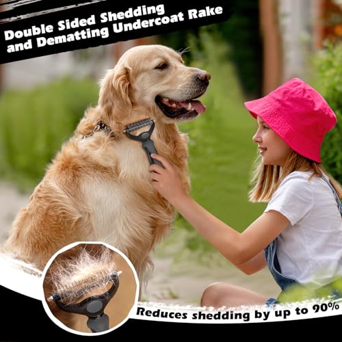 Image of Professional 3PCS Self Cleaning Slicker Brush & Pet Grooming Rake & Flea Comb for Dogs,Cats and Horses | Double-Sided Dematting Comb & Skin Friendly Deshedding Grooming Tool | Pet Supplies (Grey)