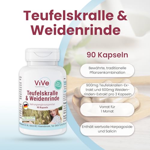 Teufelskralle & Weidenrinde - 90 Kapseln - schluckfreundlich - standardisierte Extrakte mit Harpagosiden und Salicin - hochdosiert und vegan | Qualität aus Deutschland von ViVe Supplements