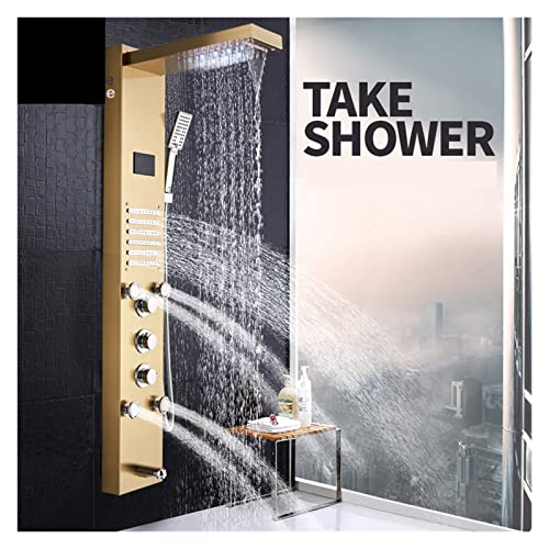 Columna de ducha dorada con luz LED, pantalla digital y chorros de hidromasaje para baño miniatura 2