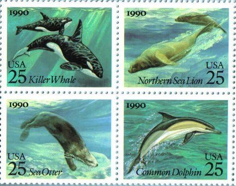 MARINE SEA MAMMALS ~ DOLPHIN ~ WHALE ~ SEA LION ~ SEA OTTER #2511a Block of 4 x 25¢ US Postage Stamps