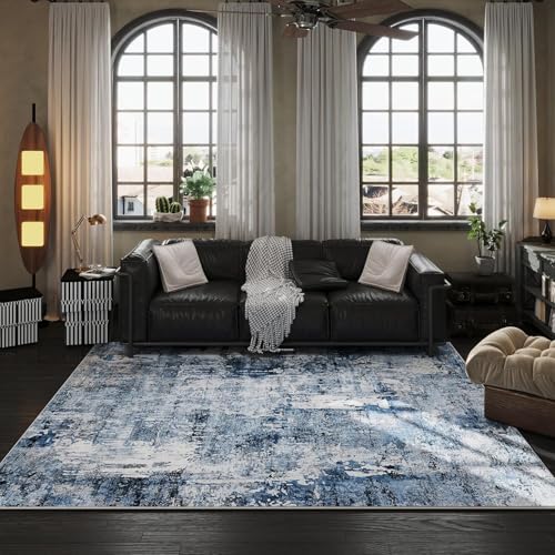 9x12 Rug Washable Boho Rug Soft Large Area Rug Non-Slip Non-Shedding Faux Wool Vintage Rug for Living Room, Farmhouse, Dining Room, Indoor, Kids Playroom, Blue
