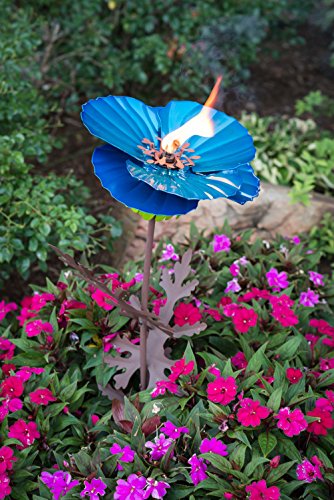 Desert Steel Flower Torch - (Blue Poppy, 36" H x14 W) - Metal Art Citronella Garden Torch & Pathway Light w/Refillable Lamp Oil Canister