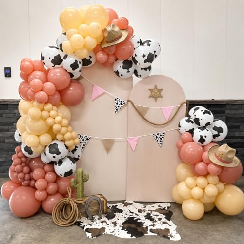 Image of HILAVO Cow Print Balloons, 12 Inch Retro Orange and Pink Yellow Sand White Balloons for Story Theme Farm Country Wild Western Cowgirls Rodeo Baby Shower Birthday Party Decorations