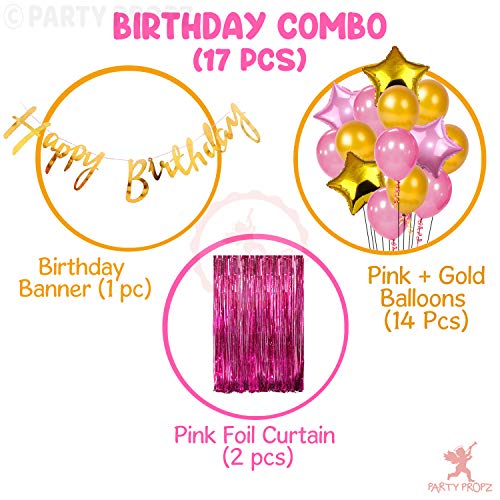 Image of Party Propz Happy Birthday Decoration Items Combo Kit- 17Pcs | Happy Birthday Banner Made of Metalic Golden Cardstock | Star Balloons for Decoration | Pink Foil Curtain for Decoration | Latex Balloons