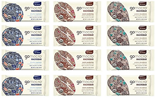 GoMacro Macrobar Organic Vegan Protein Bar, 12 Variety Bars 2.3oz - 4 Blueberry/Cashew Butter, 4 Dark Chocolate/Almonds, 4-Mocha Chocolate Chip