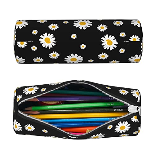 Image of White Yellow Daisy Flower Black Leather Pencil Case Zipper Pen Makeup Cosmetic Holder Pouch Stationery Bag for School Work Office