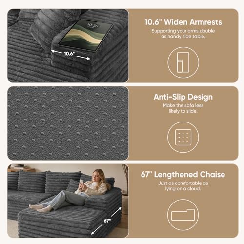 Image of Cloud Sectional Couch with L-Shape Chaise,Modern Modular Sofa with Deep Seat, Upholstered Couches with Right Facing Chaise for Living Room Bedroom, No Assembly Required, Grey (Plush Corduroy Fabric) | 102.4 inch Modular Sectional Sofa, Cloud Couch Sectional with Deep Seat, No Assembly, Grey, Right Chaise