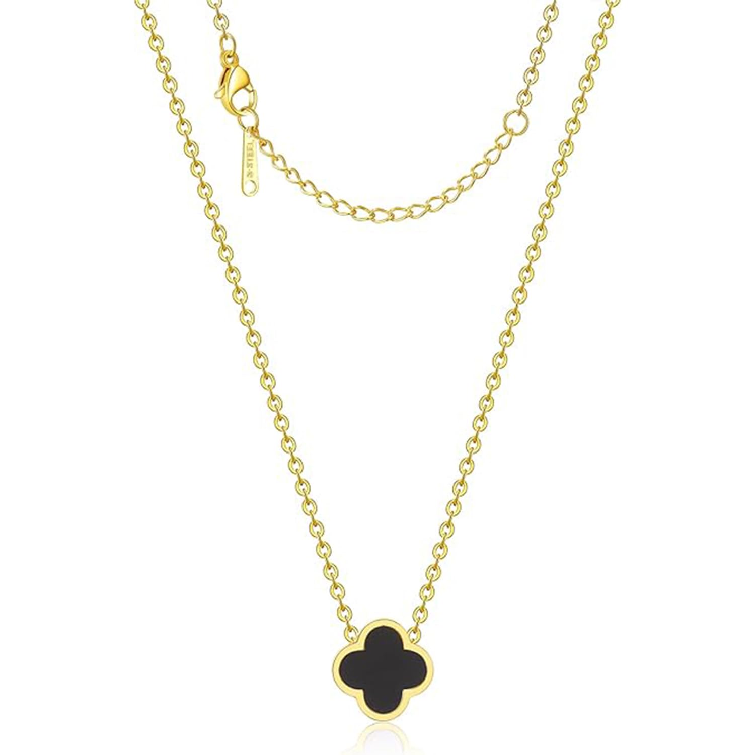 YJUFoar Clover Necklace for Women Men, Double-Sided Four Leaf Clover Necklace Flower Lucky Pendant, Delicate Fashion Jewelry Gift Black