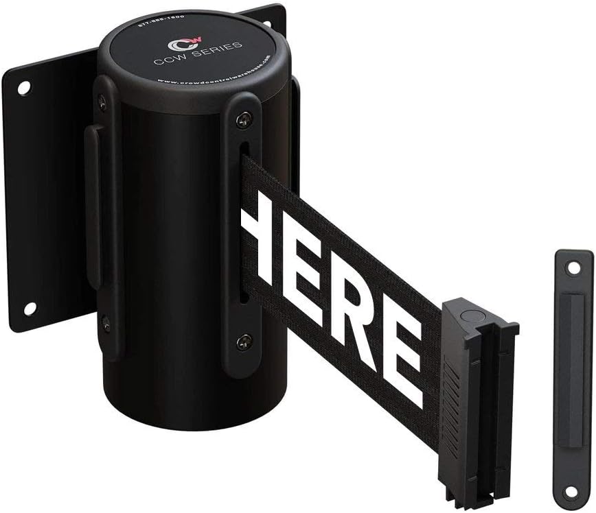 Crowd Control Warehouse - CCW Series WMB-120 Fixed Wall Mount Retractable Belt Barrier - 11 Foot, Black"Please Wait HERE" Belt with Black Steel Case, Crowd Control Barriers