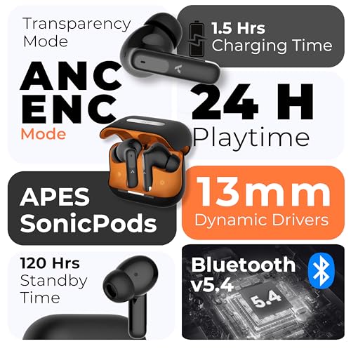 Image of APES SonicPods Wireless Bluetooth Earbuds, 13mm Drivers, 24Hrs Playtime, ANC and ENC (Black)