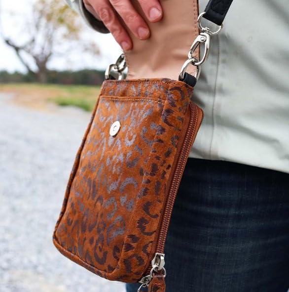 Gun Tote'n Mamas Crossbody Phone Pouch, Debossed Suede-Cheetah, Brown/Black4