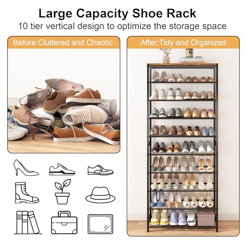 Image of HOMEFORT 10 Tiers Shoe Rack Organizer,30 inch Shoe Storage Shelf for Closet, Shoe Rack for Entryway,Holds 36-40 Pairs of Shoe, Tall Shoe Stand with Metal Shelves and MDF Top Board,Rustic Brown