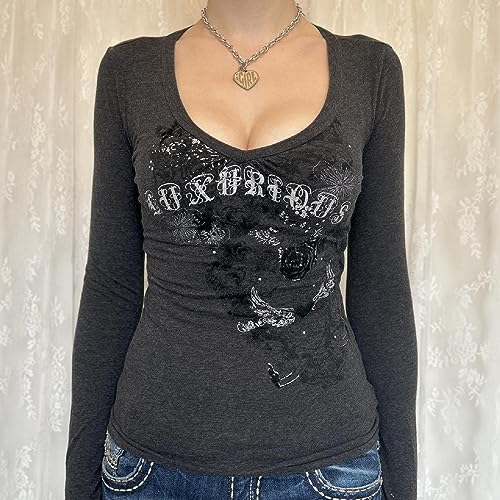 Image of Grunge Clothes for Women Y2K Tops Long Sleeve Fairy Grunge Aesthetic Shirts Teen Girls Vintage Graphic Tees Fall