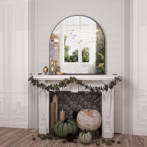 Manocorro Arched Wall Mounted Mirror, 31" X 33" Black Arch Bathroom Mirror, Fireplace Mirror, Aluminum Alloy Frame Vanity Decor Mirror, Arch Top Wall Mirror For Entryway, Bedroom #TOP3