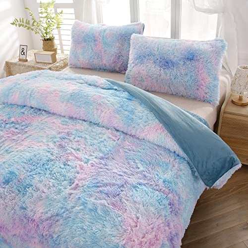 Rynghipy Super Soft Fuzzy Faux Fur Duvet Cover Set, Twin Bedding Sets For Girls, Blue Tie Dye Plush & Velvet Flannel Comforter Cover With 2 Pillowcases (Colorful Blue,Twin) #TOP4