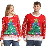 Ugly Christmas Sweaters for Women Men,Light Up Christmas Sweater,Funny Christmas Tree Red Unisex Xmas Sweaters for Couples