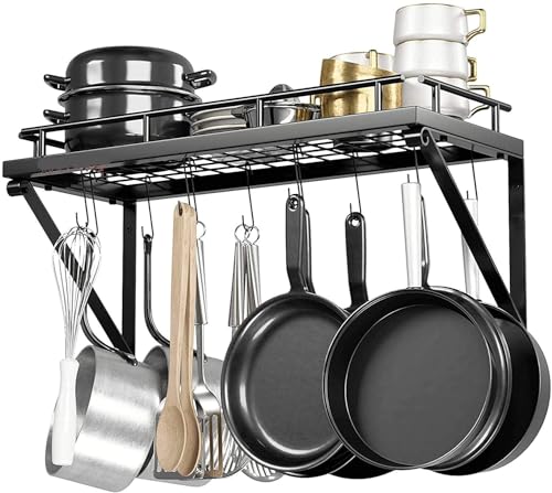 Image of Pan & Pot Lid Organizer Rack - Multifunctional Cookware for Cabinet, Pantry Chopping Board Holder, Space-Saving Kitchen Organizer, Black L-16 x W-8 x H-4 Inches(10-HOOK)
