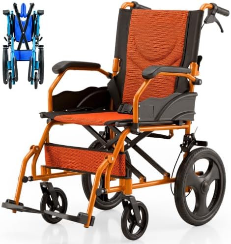 Mobiclinic®, Rollstuhl Faltbar Leicht, Aluminium, 46 cm Sitzfläche, Doppelbremssystem, Klappbare Rückenlehne und Fußstützen, mit Ankipphilfe, Leichtbauweise, Orange, Piramide
