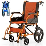 Mobiclinic®, Rollstuhl Faltbar Leicht, Aluminium, 46 cm Sitzfläche, Doppelbremssystem, Klappbare Rückenlehne und Fußstützen, mit Ankipphilfe, Leichtbauweise, Orange, Piramide