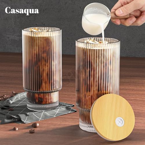 Image of Premium Ribbed Glass Tumbler with Bamboo Lid & Straw - 300ml, Set of 1, Drinking Glass Cup, Borosilicate Glass Iced Coffee Cup for Bubble Tea, Smoothies, Juice, Water, Cold Drinks & Daily Use