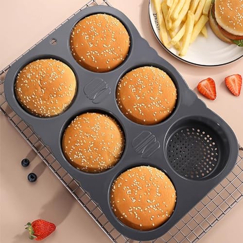 MUJUZE Hamburger Bun Mold, Hamburger Bun Pans for Baking, Burger Bun Pans Nonstick & Heat Resistant,Burger Buns pan, Silicone Homemade Hamburger Bread Mold,6 Cavity Silicone Pans Easy to Release