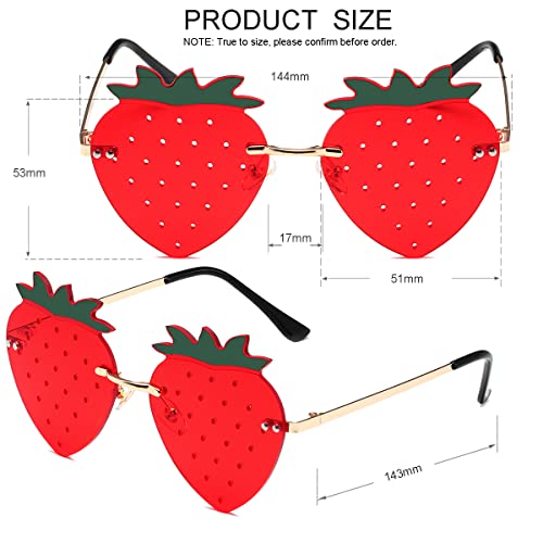 JOVAKIT Strawberry Shaped Sunglasses for Women Men Vintage New Rimless Sun Glasses Retro Rave Party Halloween Eyeglasses (Gold/Red)4