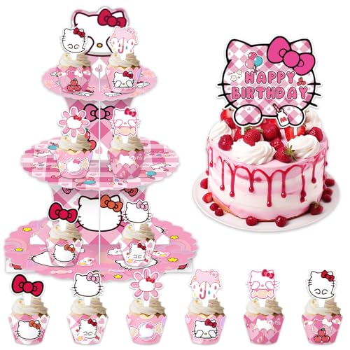 26Pcs Pink Cartoon Birthday Party Decorations Kitty Themed 3-Tier Cupcake Stand, Toppers Wrappers and 1 Cake Topper Cat Party Decorations for Girl
