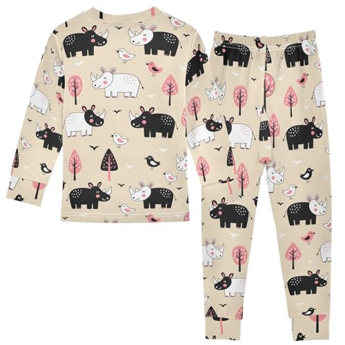 Pajama Sets Long Sleeve Cute Rhinos Birds Trees Pattern Soft Comfy Sleepwear 2 Piece PJS 3-8T3