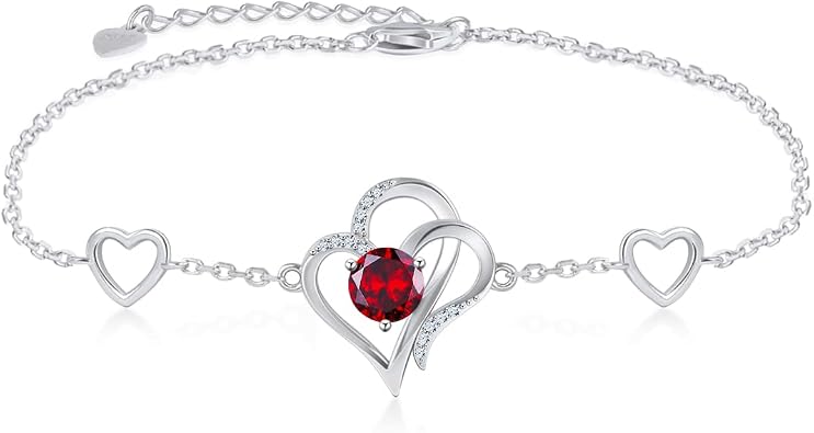 RIVIKO Love Heart Charm Bracelet For Women 925 Sterling Silver With Zirconia Birthstone Bracelets Adjustable Link for Mother Wife Sister Birthday Christmas Day Anniversary Jewelry Gift
