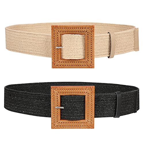 Image of JASGOOD Women Straw Woven Elastic Belts, 2 Pack Wide Dress Boho Waist Belt Ladies Braided Stretch Belts with Square Buckle,Black+Beige