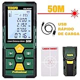 【Fonction pratique + Fácil de manejar+ IP54】Intervalo de medición 0,05-50 m, precisión de medición ± 2 mm; Cambiar cuatro unidades con botones: m/ in/ ft/ ft +in;6 muestra efectos:distancia,superficie,volumen,Pitágoras(medida indirecta),mediciones continuas,adición y resta, pueden cumplir diferentes requisitos, optimización de la precisión con calibración automática e informe de error. El aumenta la medición de retardo (tiempo de retardo 3 ~ 60s)