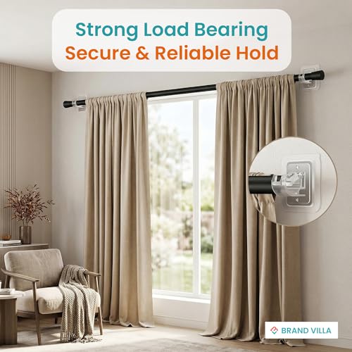 Image of BRAND VILLA Self-Adhesive No Drill Curtain Rod Brackets Curtain Rod Holder Hooks Nail Free Adjustable Curtain Rod Wall Hooks Hangers for Bathroom Kitchen and Hotel (Pack of 4)