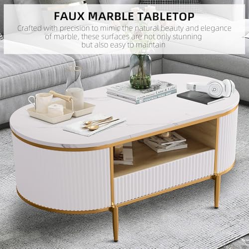 Image of Modern Fluted Coffee Table, 47.24 inch Oval Coffee Table with Drawers, Faux Marble Top, Gold Metal Decor, Center Tables for Living Room