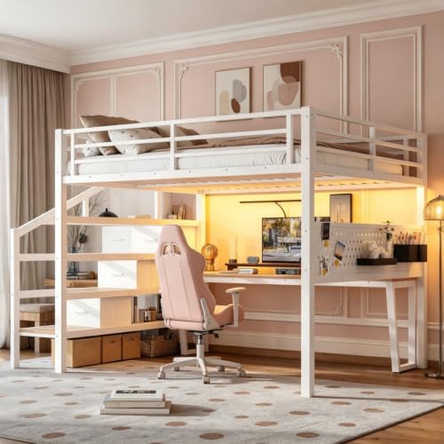 Image of Bellemave Queen loft Bed with Movable Desk and Storage Stairs, Shelves, Metal Loft Beds with LED Lights, USB Ports, Multifunctional Iron Nets for Adults, Kids, Teens, White