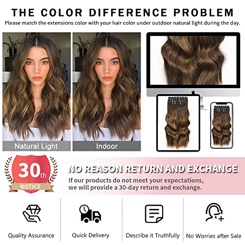 Deethens Wavy Hair Extensions 4PCS Clip in Beach Wavy Hairpieces 20 Inches Long Synthetic Bouncy Curly Hair Extensions for Women (Ombre Chocolate Brown and Caramel Blonde)