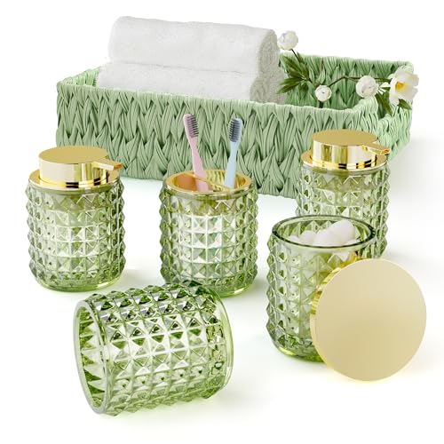 XLHOMO Bathroom Accessory Set with Plastic Wicker Basket,Glass Bathroom Accessories